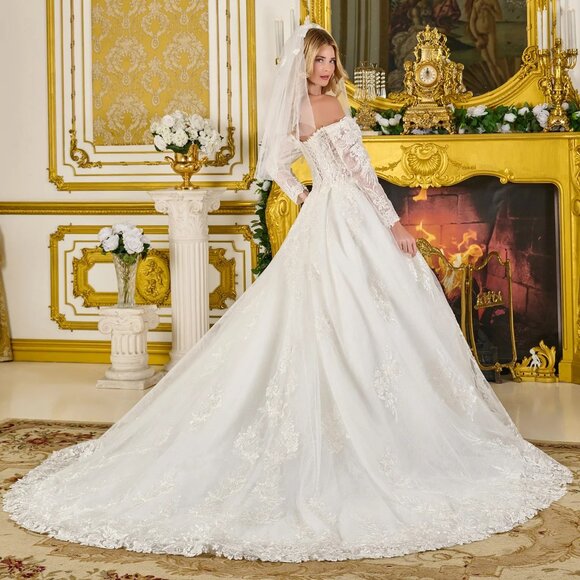 New Off The Shoulder Mesh Wedding Gown w/Floral Lace & Sheer Voned Bodice GL3824 - Picture 15 of 15